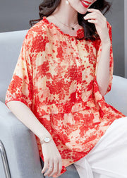 Bohemian Watermelon Red O-Neck wrinkled Asymmetrical Print Chiffon Tops Short Sleeve