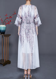 Bohemian White Cinched Print Silk Long Dress Summer