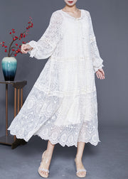 Bohemian beige Embroidered Patchwork Hollow Out Lace Maxi Dress Lantern Sleeve