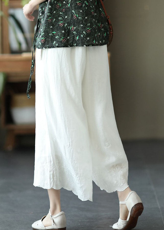 Bohemian White High Waist Solid Linen Wide Leg Pants Summer