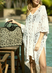 Bohemian White Hollow Out side open Beach Gown Mid Summer Cotton Dress - bagstylebliss