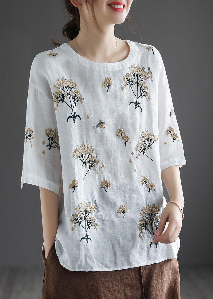 Bohemian White O-Neck Embroideried Floral Summer Linen Tops Half Sleeve - bagstylebliss