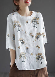 Bohemian White O-Neck Embroideried Floral Summer Linen Tops Half Sleeve - bagstylebliss