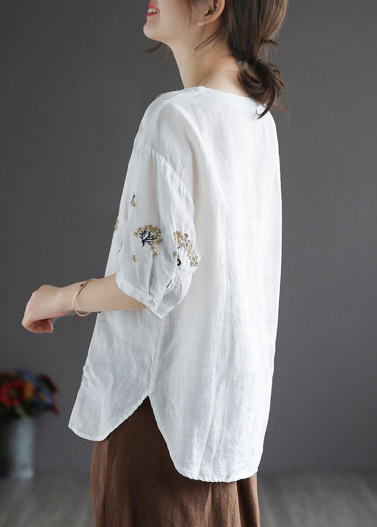 Bohemian White O-Neck Embroideried Floral Summer Linen Tops Half Sleeve - bagstylebliss