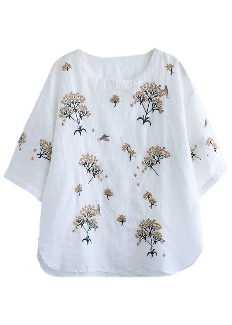 Bohemian White O-Neck Embroideried Floral Summer Linen Tops Half Sleeve - bagstylebliss