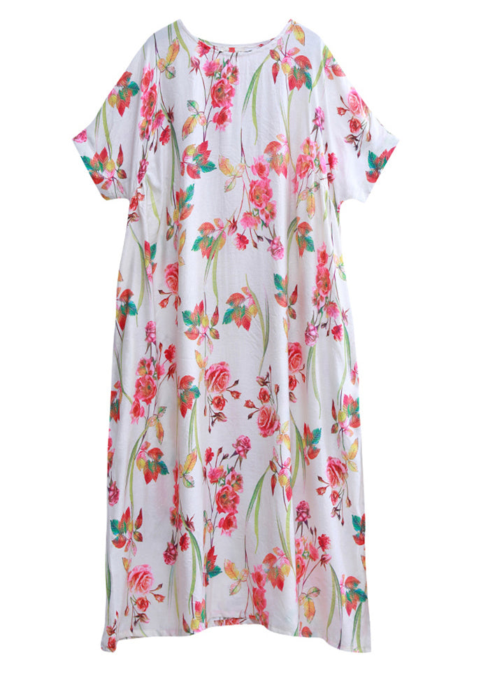 Bohemian White O-Neck Floral Print Beach Dresses Short Sleeve