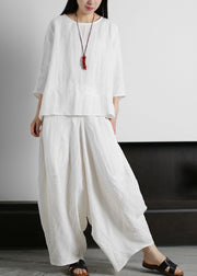 Bohemian White O-Neck Leinenoberteile und Harm Pants Zweiteiler Set Dreiviertelärmel