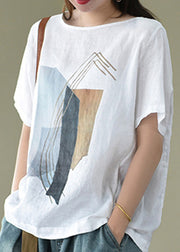 Bohemian White O-Neck Print Leinenbluse Tops Kurzarm