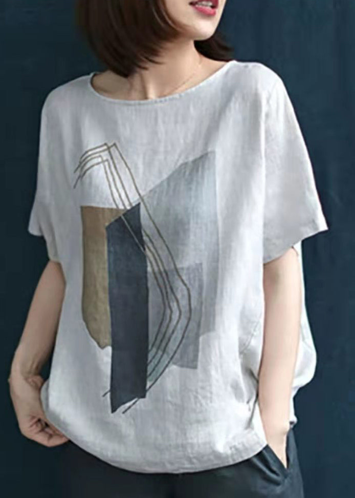 Bohemian White O-Neck Print Leinenbluse Tops Kurzarm