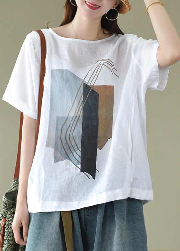 Bohemian White O-Neck Print Linen Blouse Tops Short Sleeve