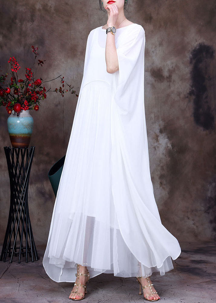 Bohemian White O-Neck asymmetrisches Design Chiffon Mantel Kleid Fledermausärmel