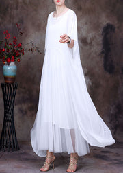 Bohemian White O-Neck asymmetrical design Chiffon Cloak Dress Batwing Sleeve