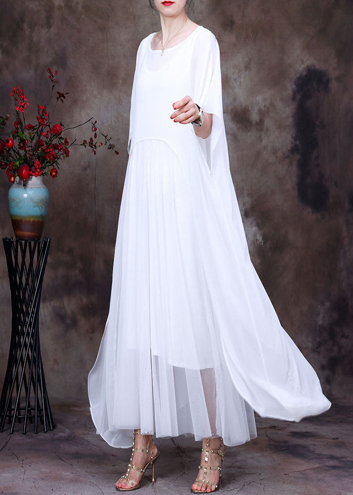 Bohemian White O-Neck asymmetrisches Design Chiffon Mantel Kleid Fledermausärmel