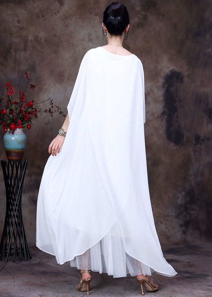 Bohemian White O-Neck asymmetrisches Design Chiffon Mantel Kleid Fledermausärmel