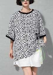 Bohemian White O-Neck drawstring Leopard Cotton T Shirt Short Sleeve