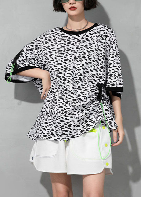 Bohemian White O-Neck drawstring Leopard Cotton T Shirt Short Sleeve