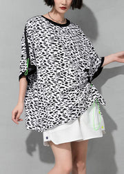 Bohemian White O-Neck drawstring Leopard Cotton T Shirt Short Sleeve