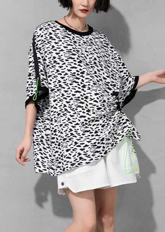 Bohemian White O-Neck drawstring Leopard Cotton T Shirt Short Sleeve