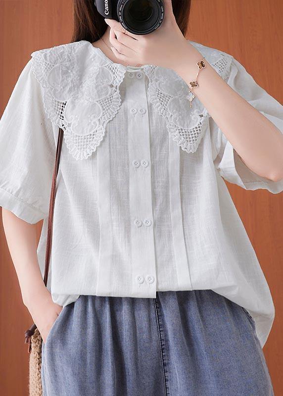 Bohemian White Peter Pan Collar Button Cotton Linen Tops Summer - bagstylebliss