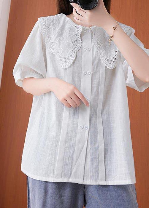 Bohemian White Peter Pan Collar Button Cotton Linen Tops Summer - bagstylebliss