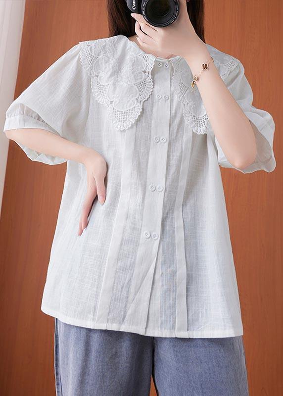 Bohemian White Peter Pan Collar Button Cotton Linen Tops Summer - bagstylebliss