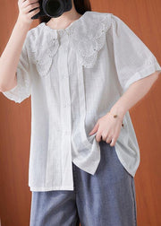 Bohemian White Peter Pan Collar Button Cotton Linen Tops Summer - bagstylebliss