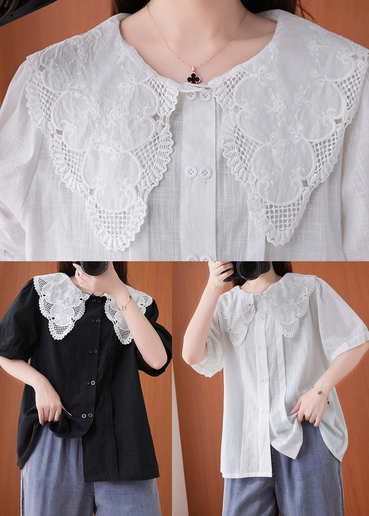 Bohemian White Peter Pan Collar Button Cotton Linen Tops Summer - bagstylebliss