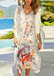 Bohemian White Print V Neck Beach long smock Vacation Summer Chiffon Dress - bagstylebliss