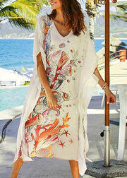 Bohemian White Print V Neck Beach long smock Vacation Summer Chiffon Dress - bagstylebliss