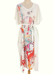 Bohemian White Print V Neck Beach long smock Vacation Summer Chiffon Dress - bagstylebliss