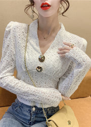 Bohemian White Sequins V Neck Lace Tops Spring