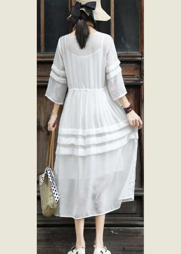 Bohemian White Tie Waist Patchwork Cotton Dress Two Pieces Set Summer