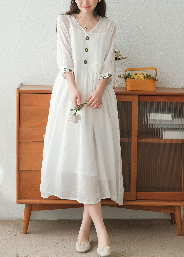 Bohemian White V Neck Embroideried Linen Dress Two Piece Set Women Clothing Summer