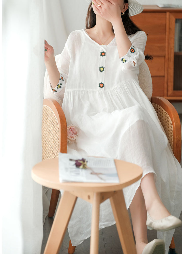 Bohemian White V Neck Embroideried Linen Dress Two Piece Set Women Clothing Summer