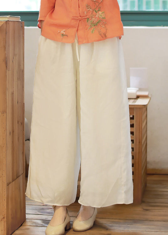 Bohemian White elastische Taille Kordelzug Taschen Leinen Hose mit weitem Bein Frühling