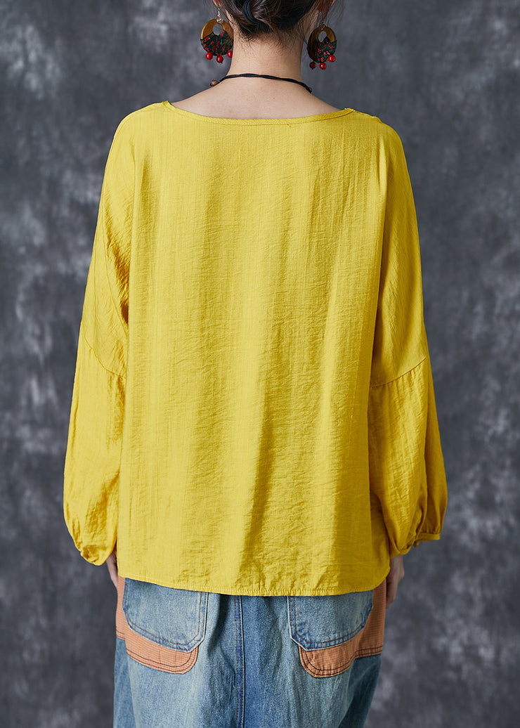 Bohemian Yellow O-Neck Oversized Nail Bead Cotton Top Lantern Sleeve