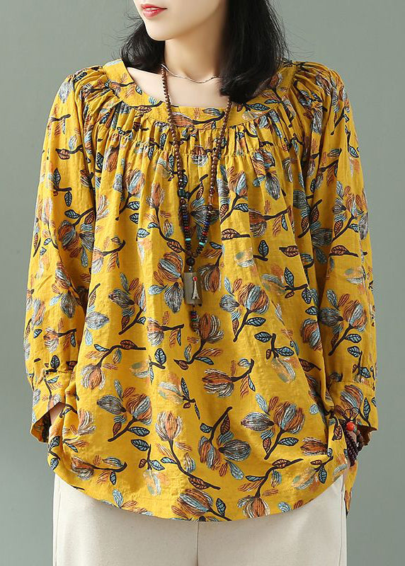 Bohemian Yellow O Neck Print Loose Cotton T Shirt Fall