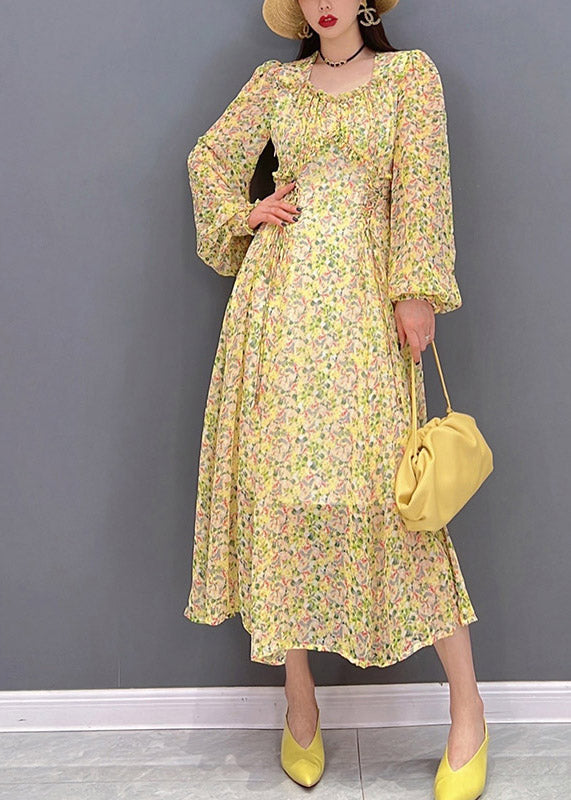 Bohemian Yellow O-Neck Print wrinkled Chiffon Long Dress Long Sleeve