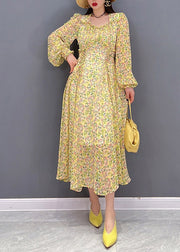 Bohemian Yellow O-Neck Print wrinkled Chiffon Long Dress Long Sleeve