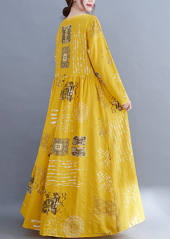 Bohemian Yellow O-Neck wrinkled Print Cotton Loose Dress Long Sleeve