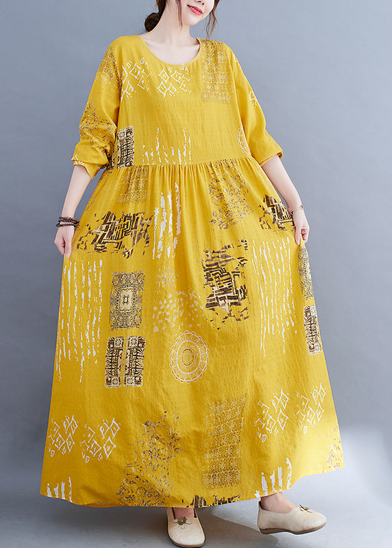 Bohemian Yellow O-Neck wrinkled Print Cotton Loose Dress Long Sleeve