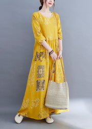 Bohemian Yellow O-Neck Knitted Print Cotton Loose Dress Long Sleeve