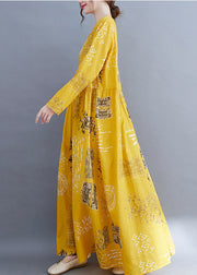 Bohemian Yellow O-Neck Knitted Print Cotton Loose Dress Long Sleeve