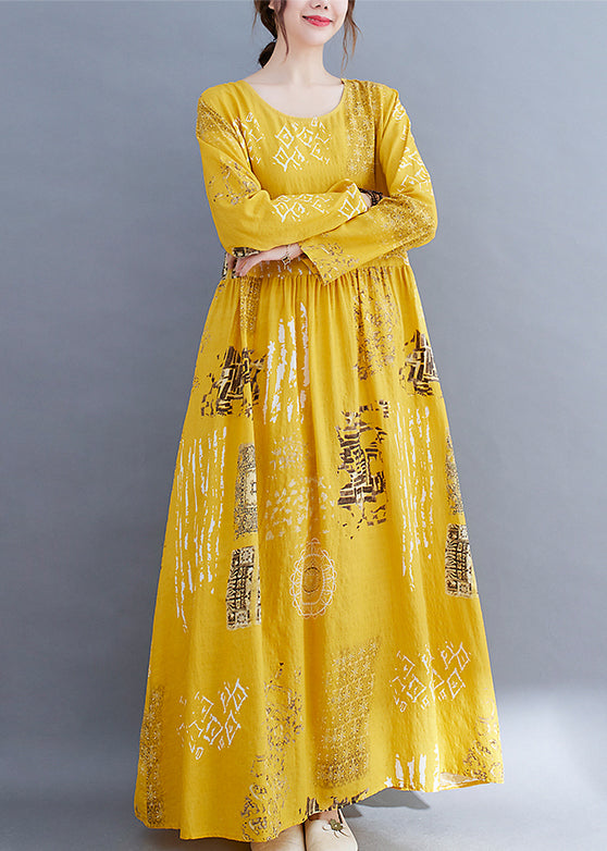 Bohemian Yellow O-Neck wrinkled Print Cotton Loose Dress Long Sleeve