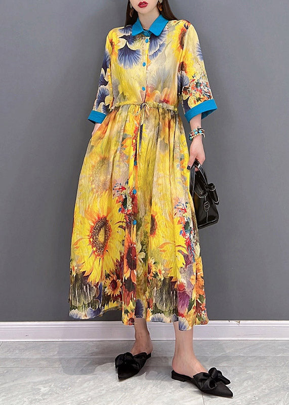 Bohemian Yellow Peter Pan Collar Print Button Tie Waist Dresses Half Sleeve