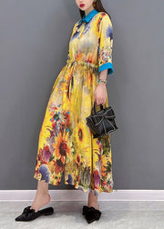 Bohemian Yellow Peter Pan Collar Print Button Tie Waist Dresses Half Sleeve