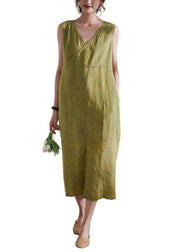 Bohemian Yellow Pockets Patchwork Summer Linen Long Dress Sleeveless - bagstylebliss