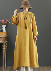 Bohemian Yellow Quilting Clothes Stand Collar Pockets Long Spring Dress - bagstylebliss