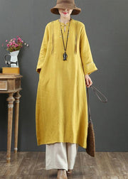 Bohemian Yellow Quilting Clothes Stand Collar Pockets Long Spring Dress - bagstylebliss