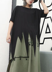 Bohemian asymmetric hem cotton Long Shirts design black o neck shirts summer - bagstylebliss